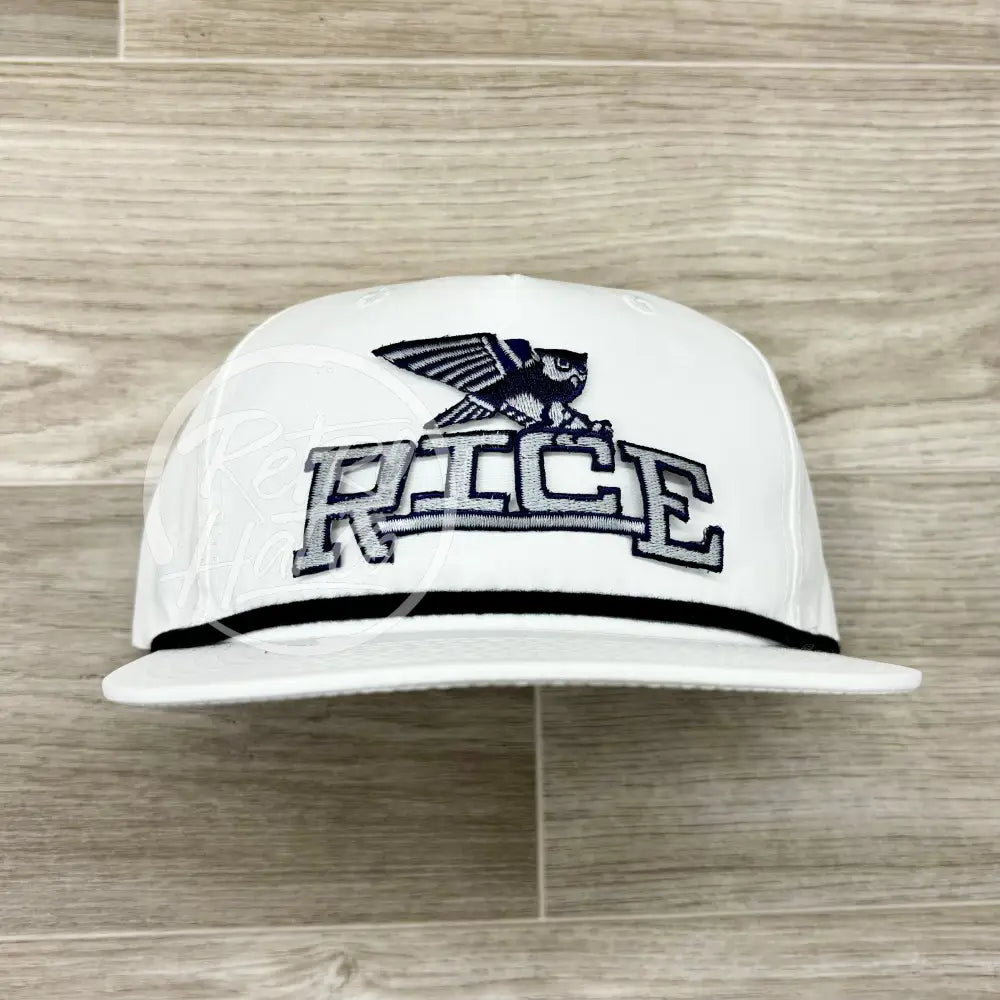 Retro Rice University Arch on White Retro Hat w Black Rope