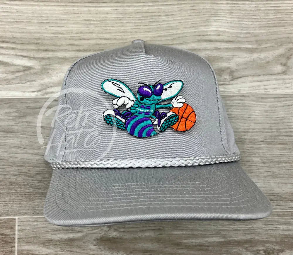 Vintage 90s Charlotte Hornets Patch on Gray Retro Rope Hat