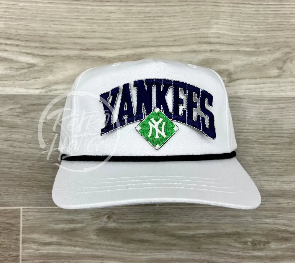 Vintage 90s New York Yankees (Navy Arch) Patch on White Retro Hat w/Bl