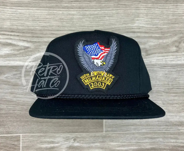 2003 Flag/Gray Eagle 100Th Anniversary Milwaukee Biker Rally Patch On Black Classic Rope Hat Ready