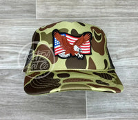 American Flag & Eagle Patch On Full Camo Meshback Trucker Hat Ready To Go