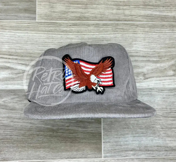 American Flag & Eagle Patch On Gray Corduroy Hat Ready To Go