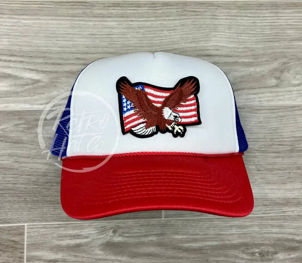 American Flag & Eagle Patch On Red White Blue Meshback Trucker Hat Ready To Go