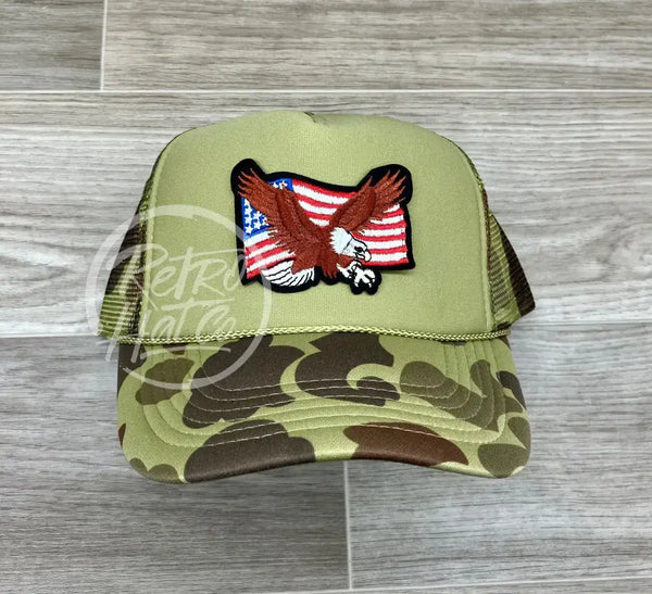 American Flag & Eagle Patch On Solid Front Camo Meshback Trucker Hat Ready To Go