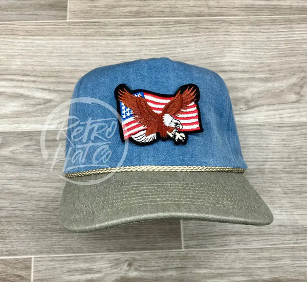 American Flag & Eagle Patch On Stonewashed Sky/Sand Retro Rope Hat Ready To Go