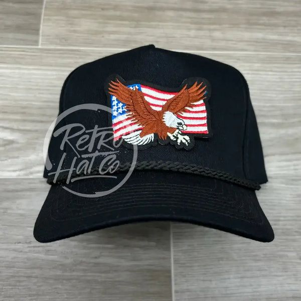 American Flag & Eagle Patch On Tall Black Retro Rope Hat Ready To Go