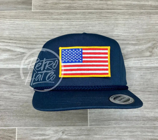 American Flag Patch On Blue Classic Retro Rope Hat Ready To Go