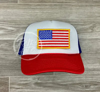 American Flag Patch On Red White & Blue Meshback Trucker Hat Ready To Go