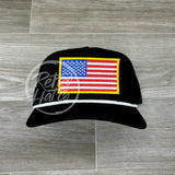 American Flag Patch On Retro Rope Hat Black W/White Ready To Go