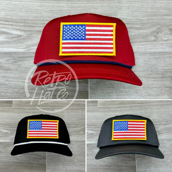 American Flag Patch On Retro Rope Hat Ready To Go