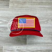 American Flag Patch On Retro Rope Hat Red W/Blue Ready To Go