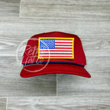 American Flag Patch On Retro Rope Hat Red W/Blue Ready To Go
