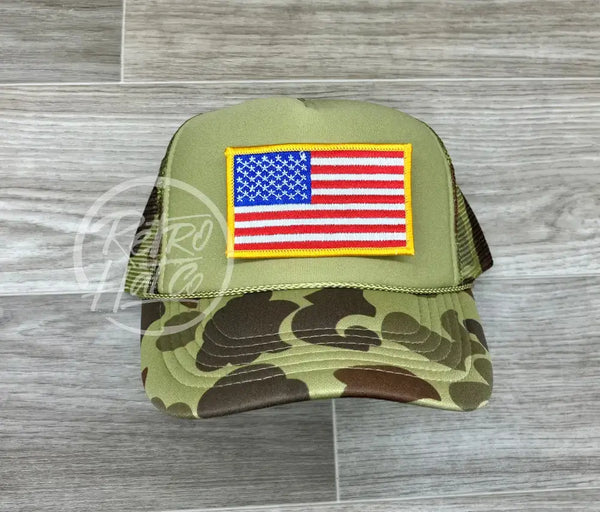 American Flag Patch On Solid Front Camo Meshback Trucker Hat Ready To Go