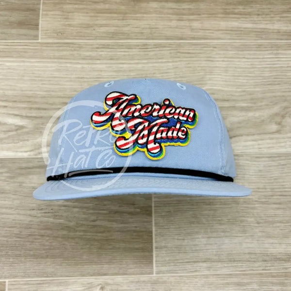 American Made Patch On Baby Blue Retro Hat W/Black Rope Ready To Go