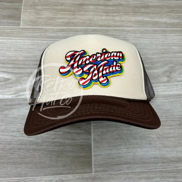 American Made Patch On Brown/Beige Meshback Trucker Hat Ready To Go