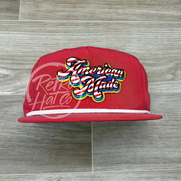 American Made Patch On Red Poly Retro Rope Hat Ready To Go