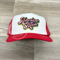 American Made Patch On Red/White Meshback Trucker Hat Ready To Go