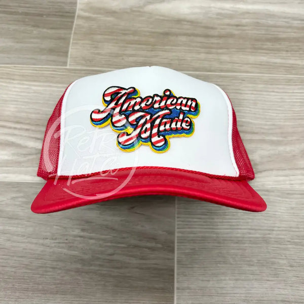 American Made Patch On Red/White Meshback Trucker Hat Ready To Go
