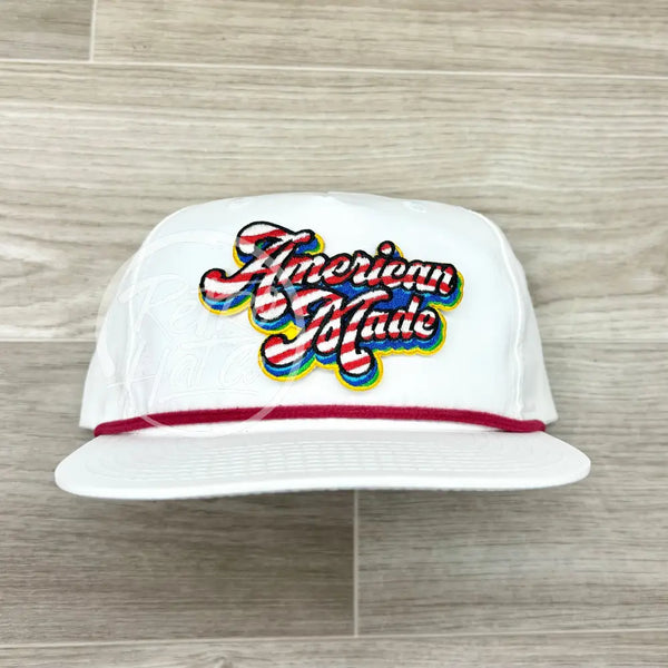 American Made Patch On White Retro Hat W/Red Rope Ready To Go