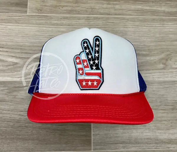 American Peace Patch On Red White & Blue Meshback Trucker Hat Ready To Go