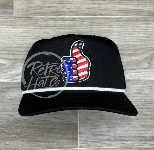 American Thumb On Black Retro Hat W/White Rope Ready To Go