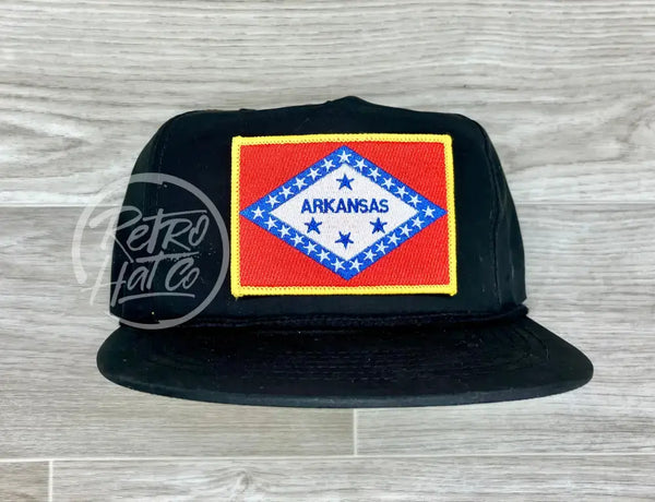 Arkansas State Flag (Gold Border) On Retro Poly Rope Hat Black Ready To Go