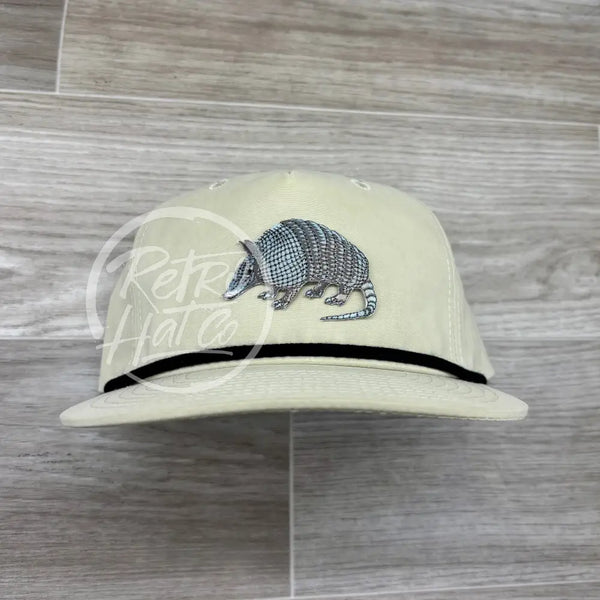 Armadillo on Beige Retro Hat w/Black Rope Ready to Go