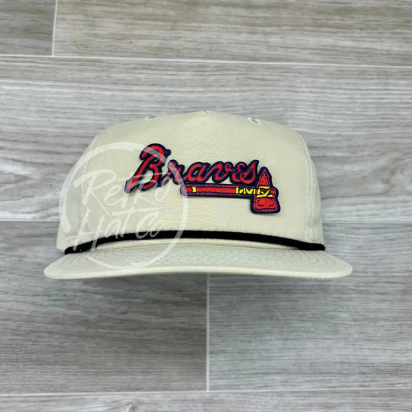 Atlanta Braves Patch On Beige Retro Hat W/Black Rope Ready To Go