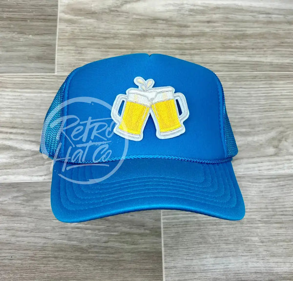Beer / Cheers Patch On Turquoise Meshback Trucker Hat Ready To Go