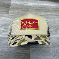 Beer Wheat Patch On Solid Front Beige / Camo Meshback Trucker Hat Ready To Go