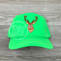 Big Buck / Deer On Neon Nylon Retro Rope Hat Lime Ready To Go