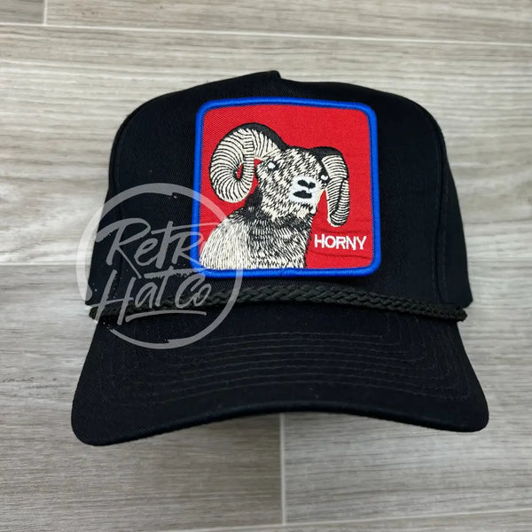 Big Horn Sheep On Tall Black Retro Rope Hat Ready To Go