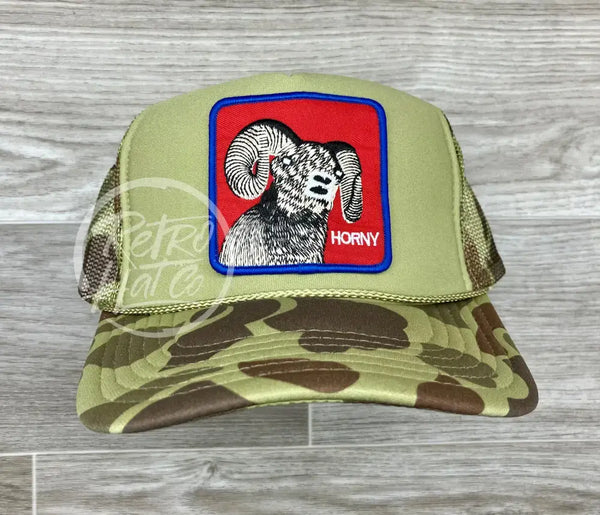Horny Big Horn Sheep On Solid Front Camo Trucker Hat Ready To Go