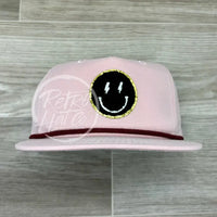 Black Smiley W/Gold Patch & Lightning Eyes On Blush Retro Hat W/Maroon Rope Ready To Go