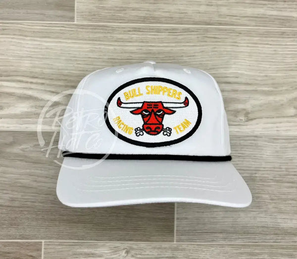 Bull Shippers Racing Team On White Retro Hat W/Black Rope Ready To Go