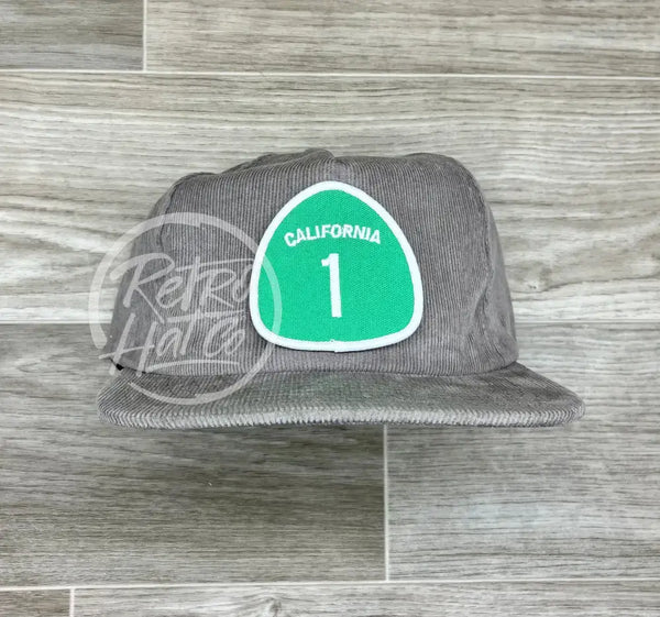 California Hwy 1 Patch On Gray Corduroy Hat Ready To Go