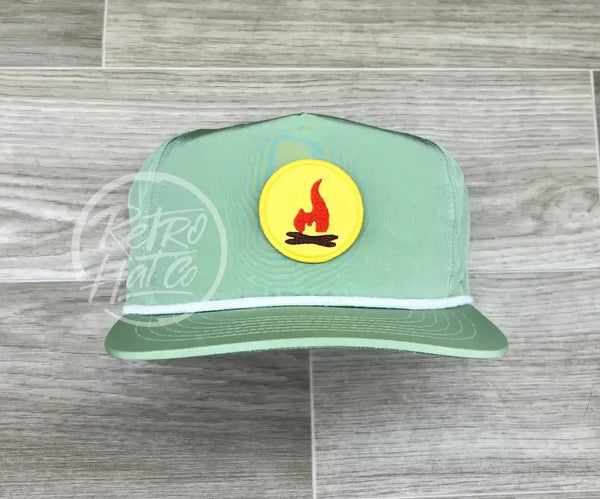 Campfire Scout Badge (Yellow) On Retro Poly Rope Hat Green Ready To Go