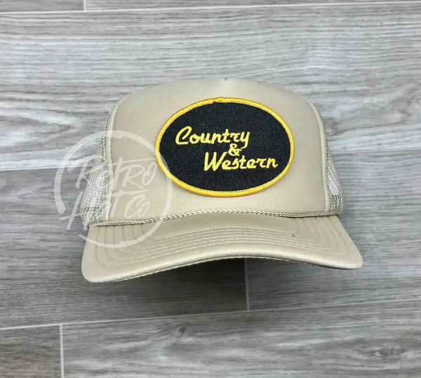 Country & Western Patch On Meshback Trucker Hat Beige Ready To Go