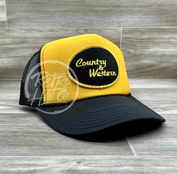 Country & Western Patch On Meshback Trucker Hat Black/Gold Ready To Go
