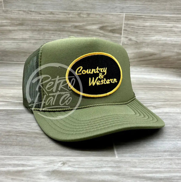 Country & Western Patch On Meshback Trucker Hat Olive Ready To Go