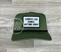 Cowboys Can Handle Anything Horny (B&W) On Retro Rope Hat Olive W/Black Ready To Go