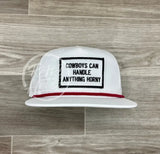 Cowboys Can Handle Anything Horny (B&W) On Retro Rope Hat White W/Red Ready To Go