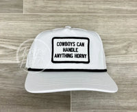 Cowboys Can Handle Anything Horny (B&W) On Retro Rope Hat White W/Black Ready To Go