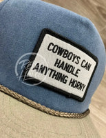 Cowboys Can Handle Anything Horny Patch (B&W) On Sky/Sand Stonewashed Retro Rope Hat Ready To Go