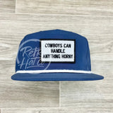 Cowboys Can Handle Anything Horny Patch (B&W) On Retro Poly Rope Hat Blue Ready To Go