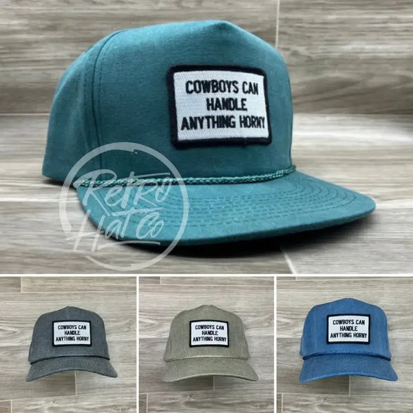 Cowboys Can Handle Anything Horny Patch (B&W) On Stonewashed Retro Rope Hat Ready To Go