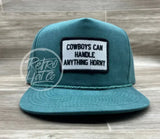 Cowboys Can Handle Anything Horny Patch (B&W) On Stonewashed Retro Rope Hat Ready To Go
