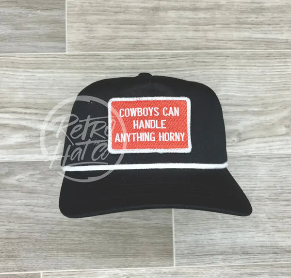 Cowboys Can Handle Anything Horny Patch (R&W) On Retro Rope Hat Black W/White Ready To Go