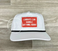 Cowboys Can Handle Anything Horny Patch (R&W) On Retro Rope Hat White W/Black Ready To Go