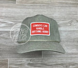 Cowboys Can Handle Anything Horny Patch (R&W) On Stonewashed Retro Rope Hat Sand Ready To Go